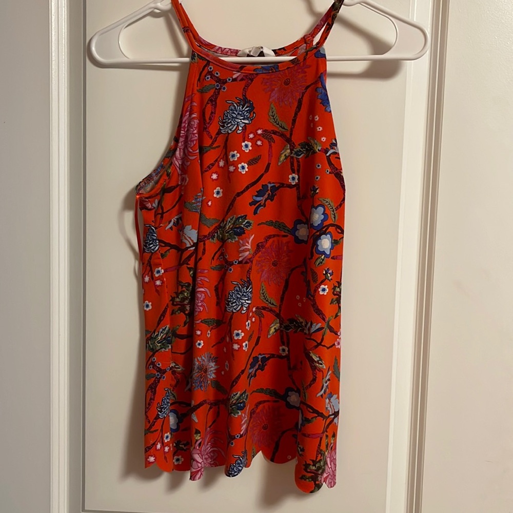 red floral tank, open back